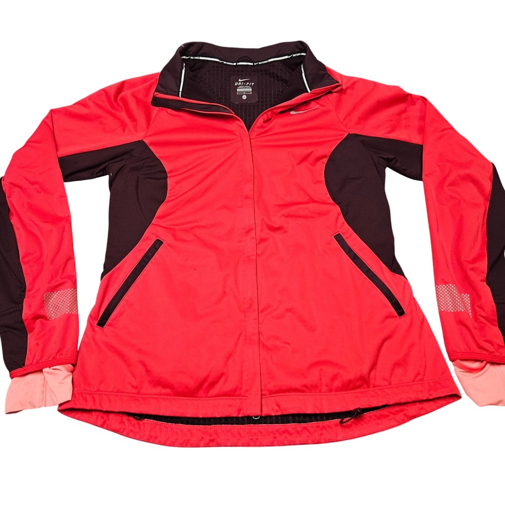 Nike Running Jacket Womens L Red Neon DriFIT Full Zip Athletic Workout Fitness